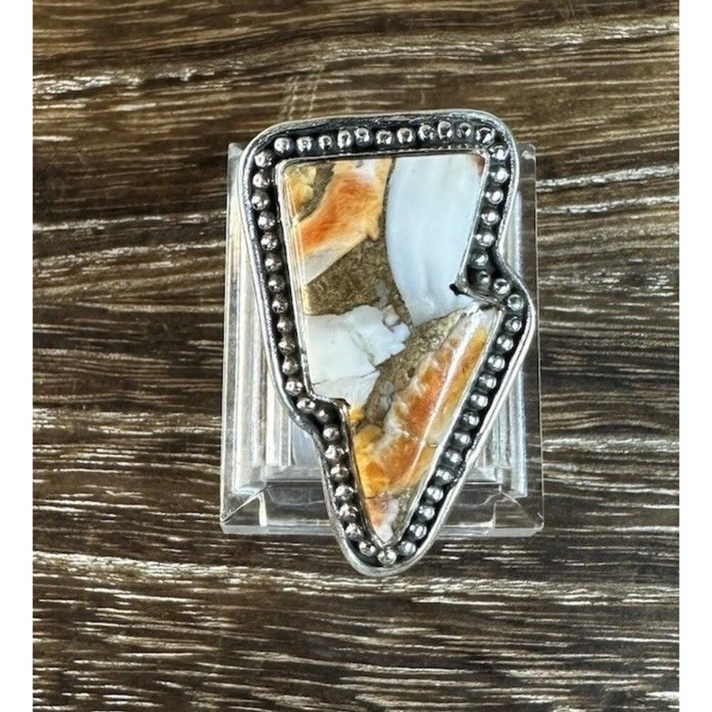 Native Southwest Style Sterling Spiny Oyster Lightning Bolt Beaded Edge Ring 5